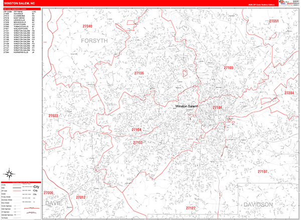 Winston Salem City Wall Map Red Line Style